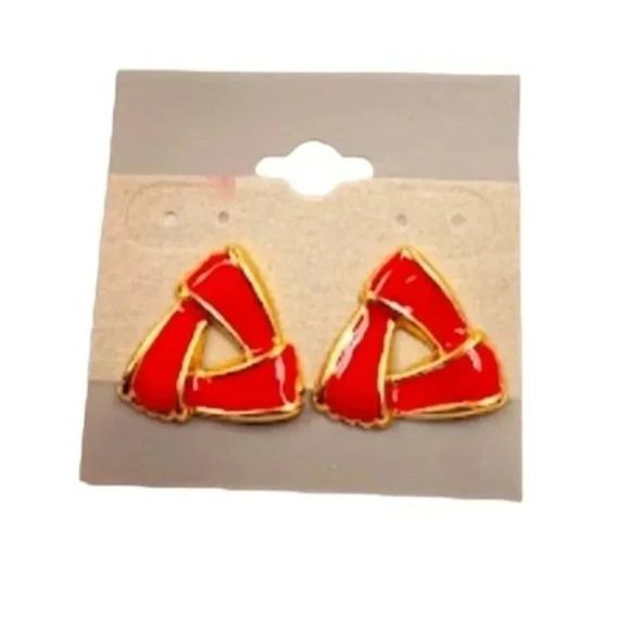 Vintage Art Deco Red Enamel Geometric Earrings Gold Tone - Picture 2 of 2